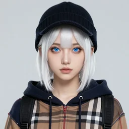 highly detailed portrait of a sewer punk lady student, blue eyes, burberry hoody, hat, white hair by atey ghailan, by greg tocchini, by kaethe butcher, gradient green, black, brown, cream and blue color scheme, grunge aesthetic!!! ( ( graffiti tag wall, plain white background ) )