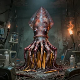 pencils of brutalist medical, unsymmetrical, horror squid block, surrounding med equipment, abandoned, by v finlay, wayne d barlowe, stefano tamburini, torch light, muted colors, epic, hyper detailed, awe inspiring, award winning horror, hyper realism, cinematic