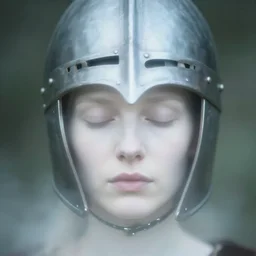 medieval helmet, out of focus photorealistic portrait of a beautiful pale woman by saul leiter, very blurry, translucent white skin, closed eyes, foggy, pale lips