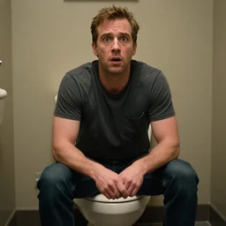 a picture of hank shrader with a surprised expression sitting on a toilet