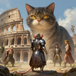 armored mouse facing up against a giant cat, in the colosseum, art by artgerm and greg rutkowski and magali villeneuve, d & d, fantasy, highly detailed, digital painting, trending on artstation, concept art, sharp focus, illustration