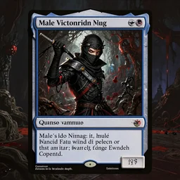 Magic the gathering card of Male Victorian Gothic Ninja, with text, hd, intricate, bloodborne, 8k, digital art