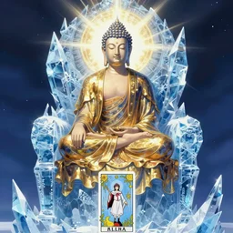 buddha sitting on a throne of ice drawn by studio trigger, in the style of Little Witch Academia, spiritual enlightenment, tarot card