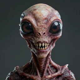 portrait of a space alien, horror meat monstrosity with teeth blender, octane render, huge insect eyes, realistic render, detailed, ugly, slimy unreal engine, symmetrical face, greg rutkowski and ruan jia, cinematic