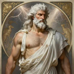 painted portrait of rugged zeus, god of thunder, greek god, white hair, masculine, mature, handsome, upper body, flowy robe, muscular, hairy torso, fantasy, intricate, elegant, highly detailed, digital painting, artstation, concept art, smooth, sharp focus, illustration, art by gaston bussiere and alphonse mucha
