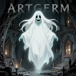 artgerm, joshua middleton comic cover art, pretty ghost sarah michelle gellar entire full body, floating, creepy smile, white dress, friendly, translucent skin, symmetrical eyes, symmetrical face, long white hair, inside haunted house