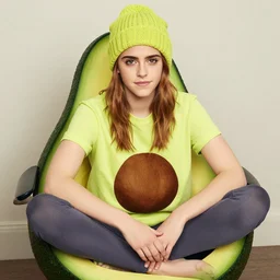emma watson as an avocado chair wearing a beanie made of avocado