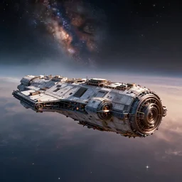 photorealistic wide shot of industrial spaceship, in space, bokeh, Hubble photo background, inspired by Ridley Scott, Giger, Warhammer, octane render, HD, volumetric lighting, mist, twilight, detailed