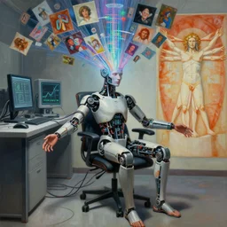 a hyperrealistic painting of a human cyborg sitting in a chair with limbs stretched out, tied with electrical cables connected to supercomputers, flood of images flowing from his head, tesseract, vitruvian man, by daniel gerhartz, trending on artstation, concept art, insane details, zoomed out