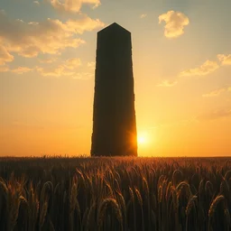 my dream of a towering obsidian tower in a grain field, golden hour