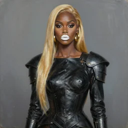 cold warrior portrait, mulatto,, beautiful face, beautiful features, white lips, long golden hair, black closed leather dress, leather armor, iron armor, gold earrings, alexander mcqueen clothing, very beautiful style, realism, oil, painting, edgard mcsons, - 8 k