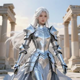 white hair knights of zodiac girl, sliver ice color reflected armor, bushido fighting in ruined agora of athens sunrise, ssci - fi and fantasy, intricate and very very beautiful and elegant, highly detailed, digital painting, artstation, concept art, smooth and sharp focus, illustration, art by tian zi and wlop and alphonse mucha