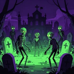 super detailed 8 0's illustration horror art of a glowing green and purple zombies graveyard, danguiz, flat art, sharp, by ilya kuvshinov