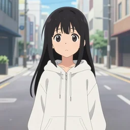 anime visual, illustration of a young black haired girl wearing hoodie on the detailed city street background, cute face by yoh yoshinari, katsura masakazu, studio lighting, full body shot, strong silhouette, zoom out, ilya kuvshinov, cel shaded, crisp and sharp, rounded eyes, bright daylight