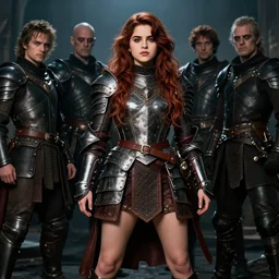 a young beautiful mischievous devious selena gomez wearing leather medieval armor, bare legs, detailed, by gaston bussiere, bayard wu, greg rutkowski, giger, maxim verehin, greg rutkowski, masterpiece, sharp focus, cinematic lightning
