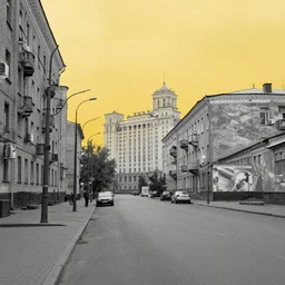 gray street of the soviet city, the eighties, yellow sky as background, hyper realistic