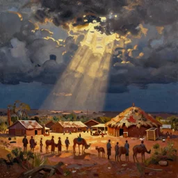 a oil painting of a aboriginal australian village