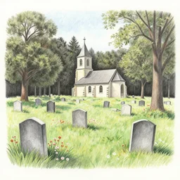 graveyard with a church in a forest flower meadow landscape, colored pencil drawing