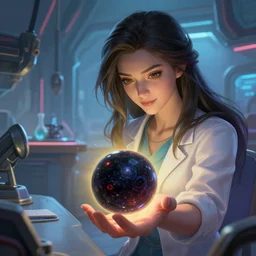 league of legends concept art beautiful young female scientist examining spherical black hole in her hand, long hair, futuristic laboratory background interior, table with hi tech equipment, art by charles liu, close - up shot, fantasy style, soft lighting, vibrant color scheme, female portrait, ultra detailed, volumetric lighting, octane render, commission art, 8 k wallpaper