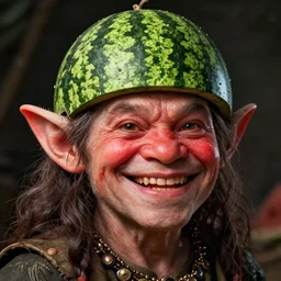 hyper realistic photography portrait of smiling goblin with a watermelon helmet cinematic, greg rutkowski, brom, james gurney, mignola, craig mullins, artstation, cgsociety