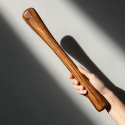 skinny wrist female hand holds a long thick wooden handle