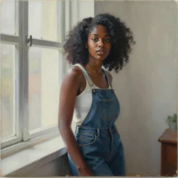 realistic beautiful black female standing next to a window, canvas