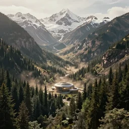an expansive view of forested valley with a sci fi clean glowing structure in the centre and snow - capped mountains in the distance, national geographic, hyper realistic, 4 k, dusty light