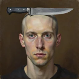 an album cover of a man with a knife in his head, neutral expression, oil on canvas