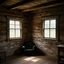 a room inside an old wooden cabin with volumetric light coming in from the windows.