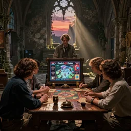 stranger things movie still - 4 ppl play in roleplaying game call of cthulhu, lovecraft, 1 9 century, game master screen on table, in gothic ruins, with stunning evening dusk sunlight dappled light and god rays, old master painting by hsiao - ron cheng, miho hirano,