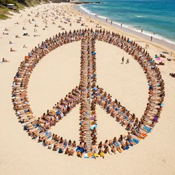 thousands of hippie sunbathers on a beach, together form a peace symbol, photorealistic