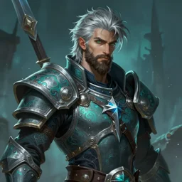 an epic fantastic realism comic book style portrait painting of an aasimar paladin, male, shaggy silver hair, short brown beard, d & d concept art, unreal 5, daz, teal aesthetic, octane render, cosplay, rpg portrait, dynamic lighting