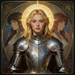 masterpiece head-on symmetrical centered painted portrait, Imogen Poots as a paladin, blonde hair, holy light halo, glorious, wearing full metal armour, elegant, in the style of Greg Rutkowski, Jesper Eising, by RHADS, Makoto Shinkai and Lois van baarle, ilya kuvshinov, Art Nouveau, Pre-Raphaelite, Neo-Gothic, gothic, trending on ArtStation, dark fantasy, great composition, concept art, highly detailed, 8K, official fanart behance hd, Art Nouveau, rich deep moody colors