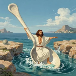 Moses splitting the sea with a giant spoon
