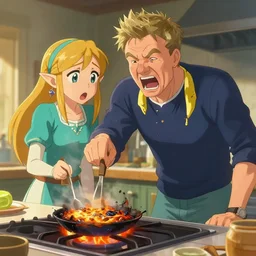 gordon ramsey yelling screaming, at link with a shocked crying expression from zelda for cooking burnt food in the style of breath of the wild, artstation, krenz cushart, makoto shinkai