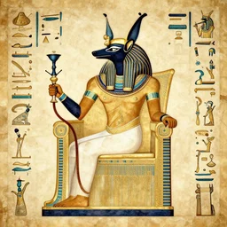horus sitting on his throne holding a hookah, ancient egyptian hieroglyph, masterpiece