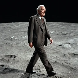 a old vintagge man in a suit walking on moon