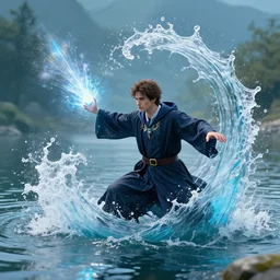 attractive male wizard casting powerful wave water spell in a beautiful lake. highly detailed painting by gaston bussiere, craig mullins, j. c. leyendecker 8 k