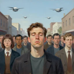 a painting of a man in a street with eyes open but everyone else eyes are closed. there are crt television drones flying around in the background