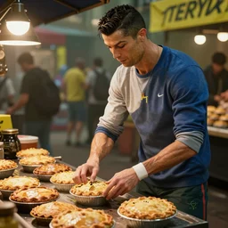 cristiano ronaldo sells pies on the market, cyberpunk 2077 unreal engine 5 4k ultra realistic hyperdetailed photorealism HDR
