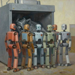 robots queue up for destruction in a trash compactor, grant wood, pj crook, edward hopper, oil on canvas