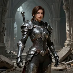 hyper detailed ultra sharp full body character portrait of a woman wearing hextech armor standing in a destroyed church, in the style of arcane tv show and studio fortiche, muted colors, action pose, cinematic lighting, good value control, realistic face details, realistically rendered eyes, photorealistic eyes, smooth, 3 d cgi, cgi, backface culling, realistic shading, john singer sargent