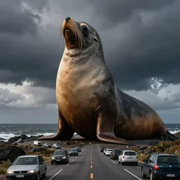 a very giant old south american fur seal australis in a route full of cars, by goya, zoom out, dramatic ilumination