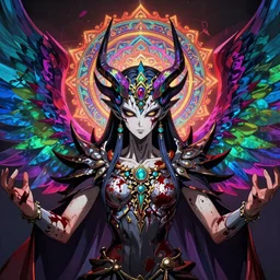 4K headshot of godlike Shub-Niggurath with defined arms and open hands and bloody clothes with vibrantly colored giant mandala wings , intricate face , flawless anime cel animation by Kentaro Miura, psychedelic , highly detailed upper body , professionally post-processed , beautiful, scary, symmetry accurate features, epic, octane rendered, anime masterpiece, accurate
