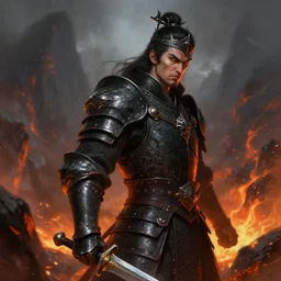 realistic side view painting of a king in the mountain, angry, beautiful face, black iron armour, sword, lava, dramatic lighting, intricate, wild, highly detailed, digital painting, artstation, concept art, smooth, sharp focus, illustration