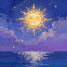 a beautiful illustration of the sun king at night, art of alena aenami, featured on artstation, vertical orientation, paint brush strokes, expressionism, brushstroke - laden, breathtaking clouds, birds, ocean, beautiful stars, long exposure, big moon radius, airy midnight theme, blue purple gradient, lens flare
