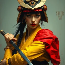 portrait of a fighting, beautiful, arrogant, female samurai warrior, goth punk, vibrant yellow, red, blue, colors, surreal, a french baroque by by alexander mcqueen, art by greg rutkowski by john william waterhouse, oil on canvas, octane render