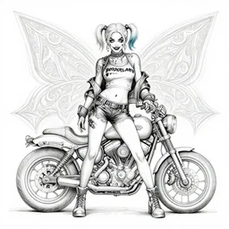 symmetry concpet art, full shot, traditional ink, sketch, of harley quinn, line sketch, intricate, elegant, highly detailed, monochrome, digital painting, artstation, concept art, sharp focus, illustration, art by borderlands 3 and peter polach