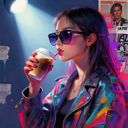 a beautiful cyberpunk girl wearing huge sunglasses with neon reflections, sipping coffee, side portrait, passionate, spotlight, paint drips, textiles, glitching paint splatter, vibrant colors, dramatic, brush strokes, collage, magazine clipping, futuristic clothing, digital painting, by marco paludet, by jeremy mann, by hannah hoch