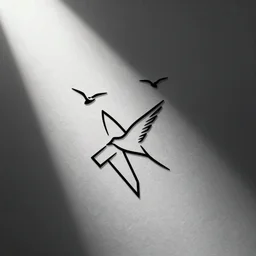 a simple artistic tattoo design of minimalist flying birds, black ink, abstract geometric logo, line art